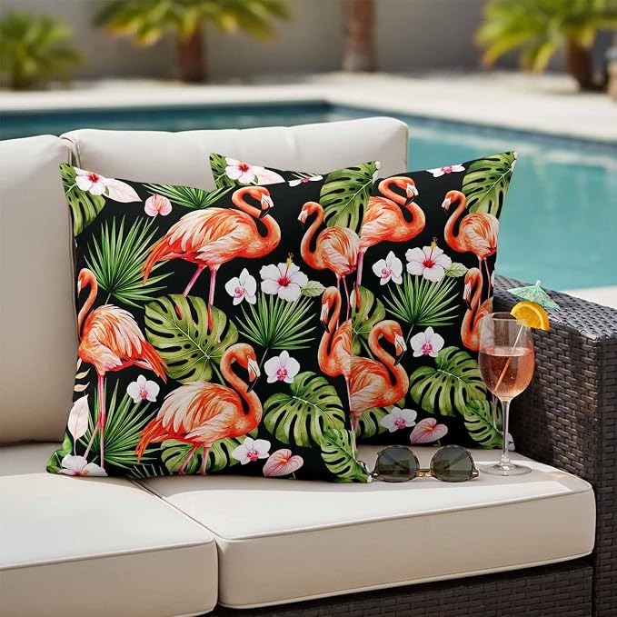 Pink Flamingos Outdoor Pillow Covers 20"x20" Set of 2, Green Tropical Leaf Hibiscus Flower Botanical Waterproof Throw Pillow Covers for Patio Furniture, Decorative Cushion Covers for Porch