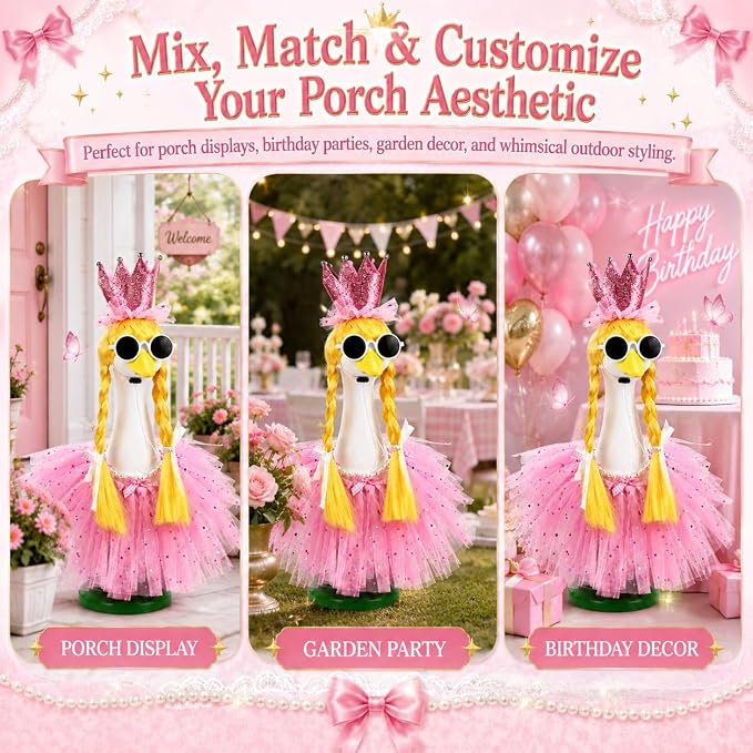 Porch Goose Fairy Outfit 4 Pieces Summer Porch Goose Outfit with Braided Yellow Wig Pink Tutu Skirt Fairy-Tale Princess Style Decor for Lawn Goose Statues