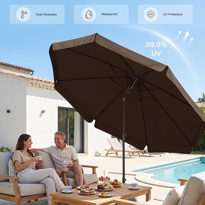 ABCCANOPY 9ft Scalloped Patio Umbrella, Outdoor Table Umbrella with Tilt and Crank, Fiberglass Ribs Deck Umbrella for Patio, Pool, Garden, Picnic (Coffee)