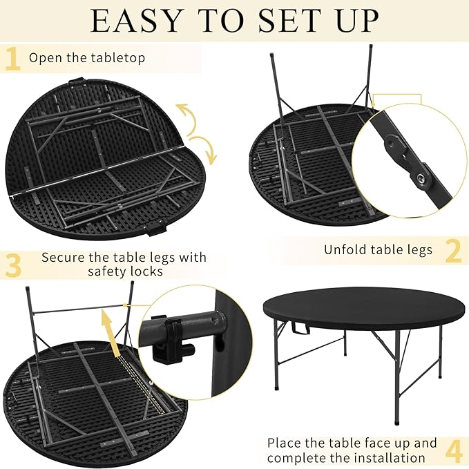 5 FT Round Folding Tables with Carrying Handle 60 inch Heavy Duty Portable Plastic Commercial Table Steel Legs for Party, Dining, Wedding, Events, Picnic Indoor, Outdoor (Black,1 Pack)