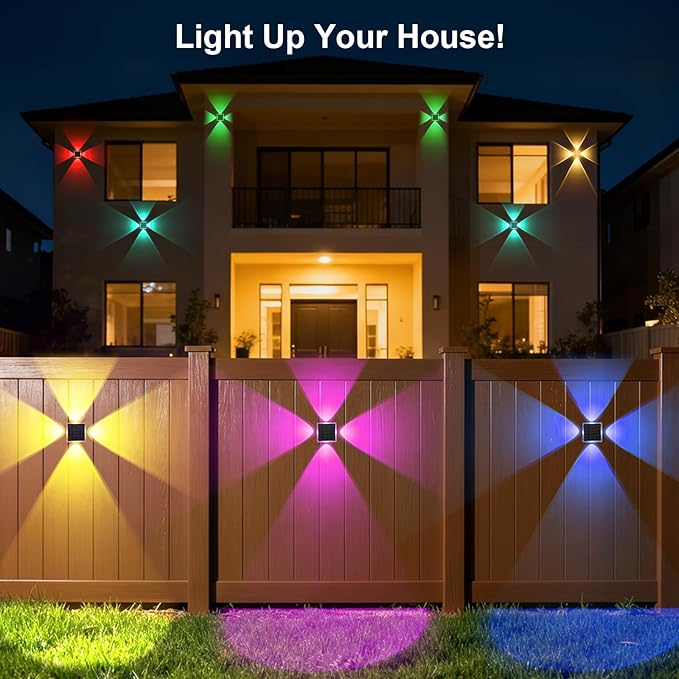 AUDLES Solar Fence Lights Outdoor, New 4-Way Lighting Fence Lights Solar Powered with 8 Modes Warm White/RGB, IP65 Waterproof Solar Wall Light for Backyard Wall Pathway Deck Patio Decor - 8 Pack
