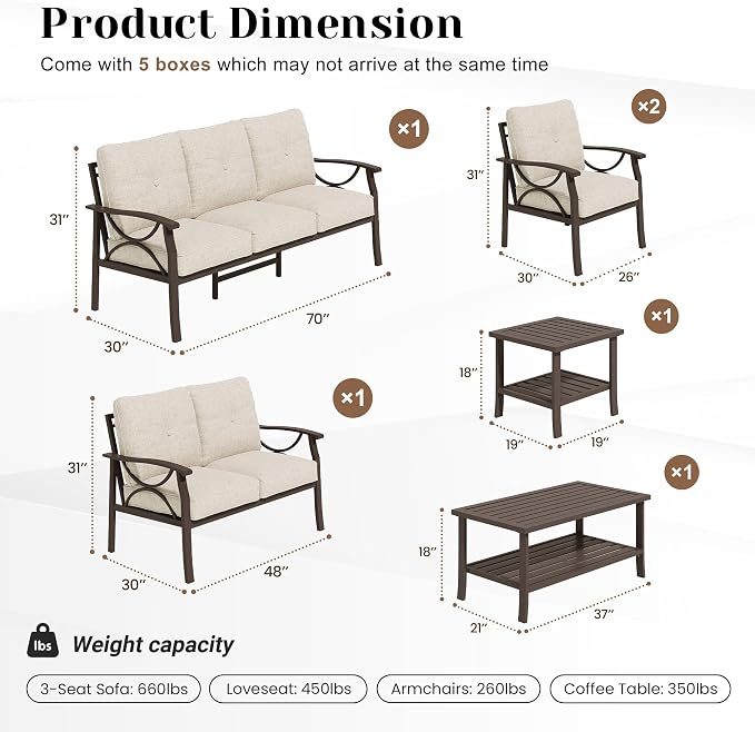 FansaFurn 6-Pieces Outdoor Patio Furniture Set, Outdoor Metal Sectional Furniture with Cushions, Outdoor Conversation Seating Set with Coffee Table for Garden, Balcony, Deck, Backyard, Khaki