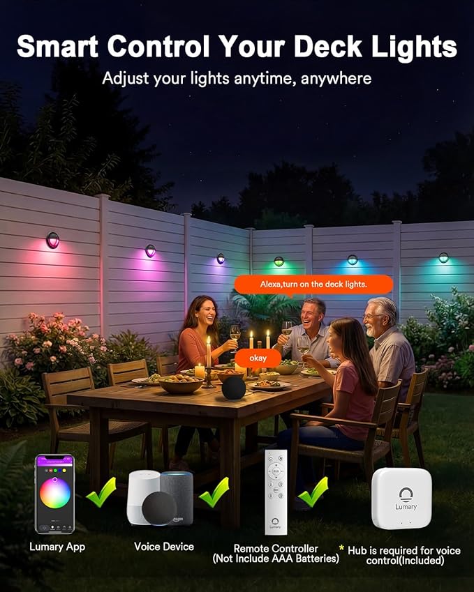 Lumary 12-24V Smart Low Voltage Deck Lights with Hub, 4Inch RGB+CCT Outdoor Privacy Fence Lights, IP65 Waterproof Landscape Lighting for Step, Deck, Patio, Compatible with Alexa & Google, 6Pack