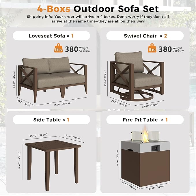 Aluminum 4-Seats Outdoor Patio Furniture Set with Fire Pit, Sectional Conversation Sofa with 5.2" Thick Cushions & Swivel Rocking Chairs, Rust-Resistant Frame Sofa for Porch, Backyard, Brown