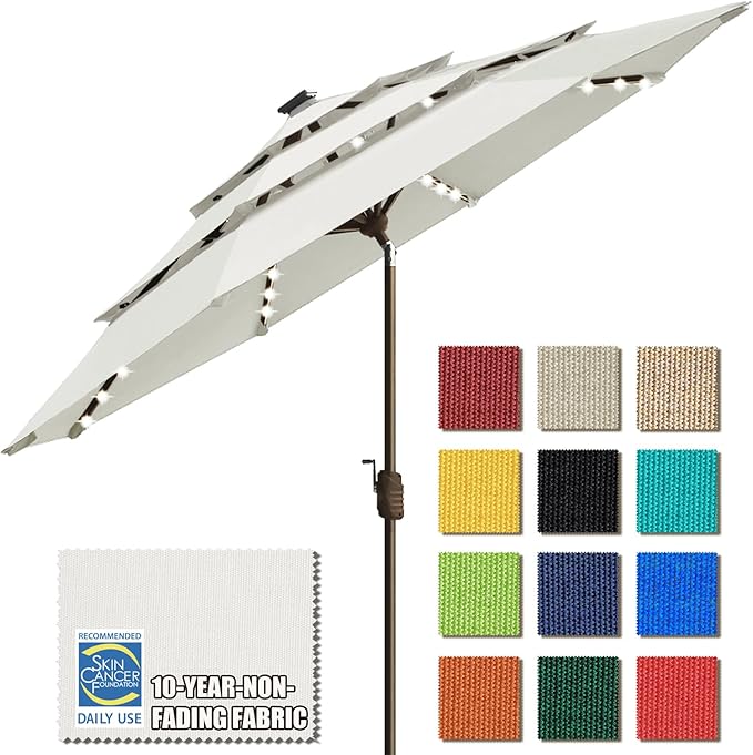 EliteShade USA 10-Year-Non-Fading 9ft 3-Tier Market Patio Umbrella, Commercial Table Umbrella with 80 Solar LED Lights, Crank Open, Windproof & UPF 50+ UV Protection for Garden, Deck, Pool, Backyard, White