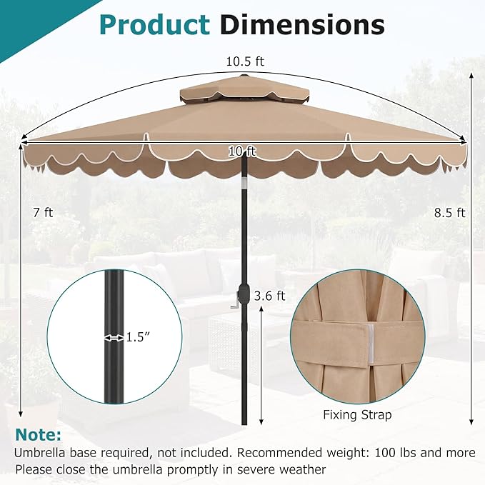 Happygrill 10 FT Patio Umbrella, Scalloped Outdoor Table Market Umbrella with Push Button Tilt & Crank, 2-Tier Vented Top, Heavy-Duty 8 Metal Ribs, Sun-Protective Canopy, Ruffle for Deck Pool Garden (Brown)