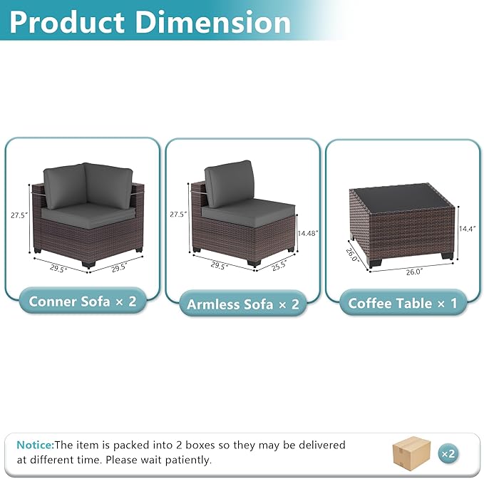 ALAULM 5 Pieces Patio Furniture Set Wicker Patio Conversation Set, Outdoor Sectional Furniture w/Coffee Table & Washable Seat Cushions-Grey