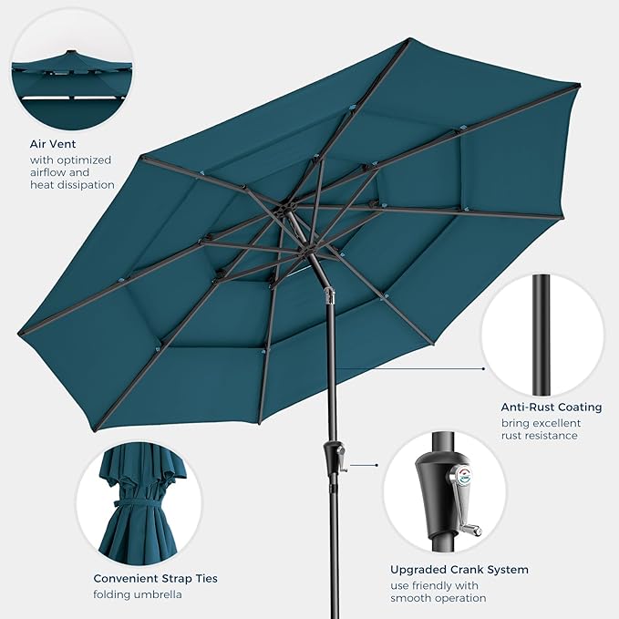 HOMSHADE 9FT 3-Tiers Outdoor Patio Umbrella with 5-Year Fade Resistant,Vented Outdoor Commercial Market Umbrella with UPF50+ UV Protection & Push Button Tilt and Crank for Pool,Backyard(Peacock Blue)