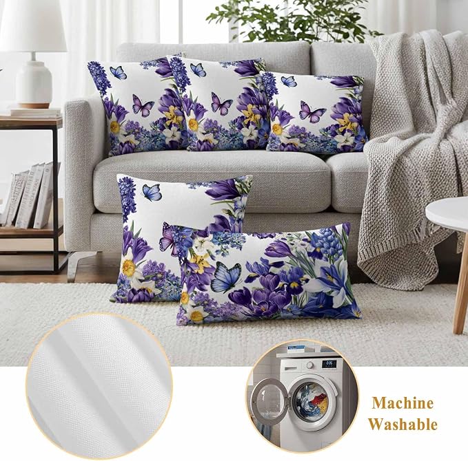 Outdoor Waterproof Pillow Covers for Patio Furniture Purple Blue Flowers Butterfly Throw Pillow Cover Watercolor Floral White Pillowcases Set of 2 Cushion Case for Sofa Couch Chair 20x20 inch