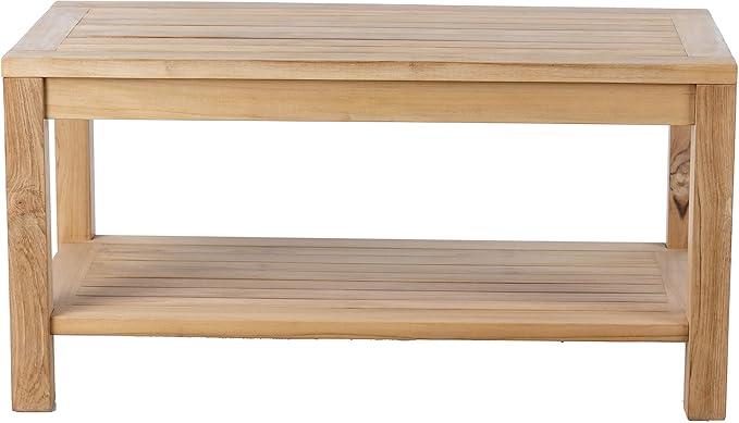 Teak Wood Side Table with Storage, Indoor and Outdoor Wooden Furniture for Deck, Porch, Balcony, Living Room, Bedroom and Backyard (36" D x 18" W x 16" H)