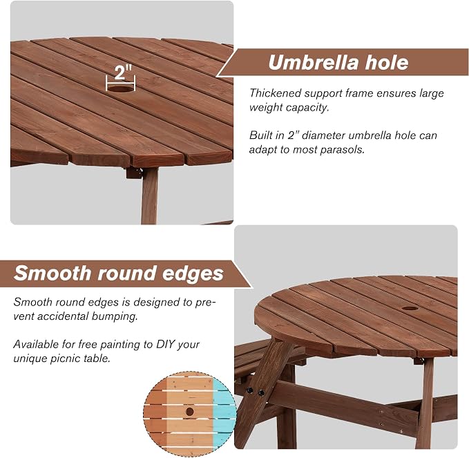 6-Person Circular Outdoor Wooden Picnic Table for Patio, Backyard, Garden, DIY w/ 3 Built-in Benches, 1720lb Capacity - Brown