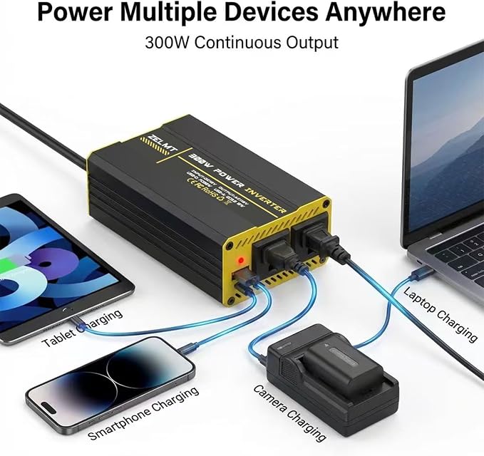 300W Car Power Inverter, DC 12V to 110V AC Car Plug Adapter, 30W USB-C &18W USB-A Fast Charging with AC Power Outlet, Car Cigarette Lighter Adapter, Portable Car Charger for Laptop on Road Trip