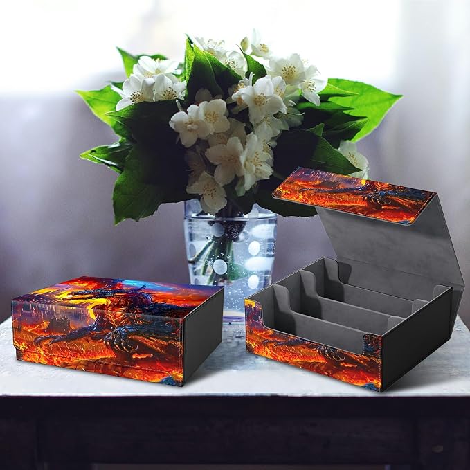 Card Deck Box for MTG, Cards Storage Box Fits 120+ Sleeved, Leather Big Size Strong Magnetic Closing Case for Board Games Magic TCG CCG Baseball Collection Women Man, Castle Flaming Dragon