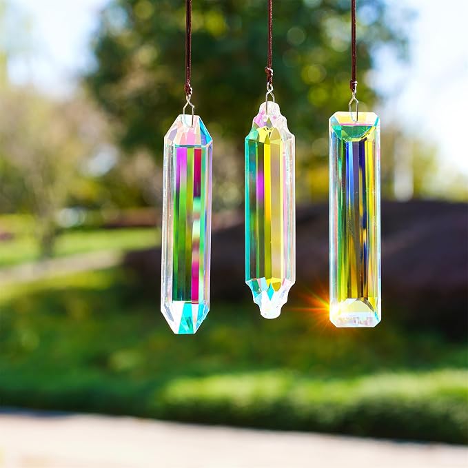 YU FENG 3 Pack Crystal Suncatcher Prism, Window Hanging Rainbow Maker | 5'' Rectangle AB Colored Crystal Stick Prisms, Garden Hanging Ornament, Sun Catcher Decor, Christmas Tree Decoration
