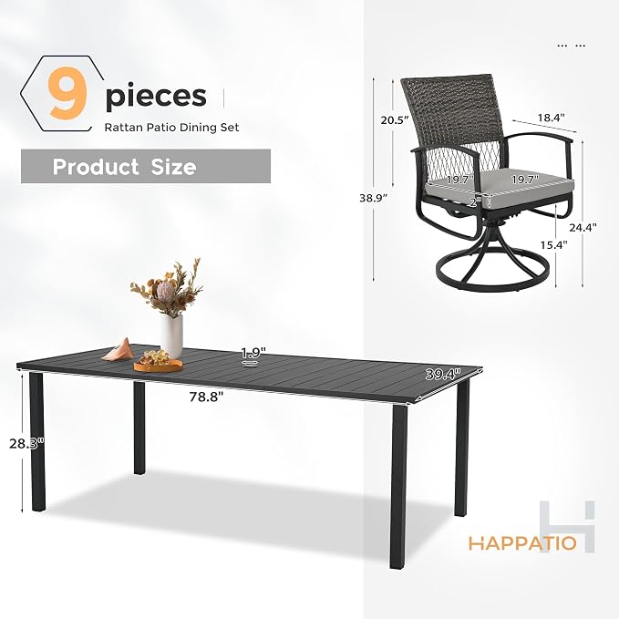 HAPPATIO 9-Piece Patio Dining Set with Wicker Swivel Rocker Patio Chairs | Outdoor Dining Set, Powder-Coated Metal Dining Table with Umbrella Hole, Removable Cushions for Outside Lawn, Garden