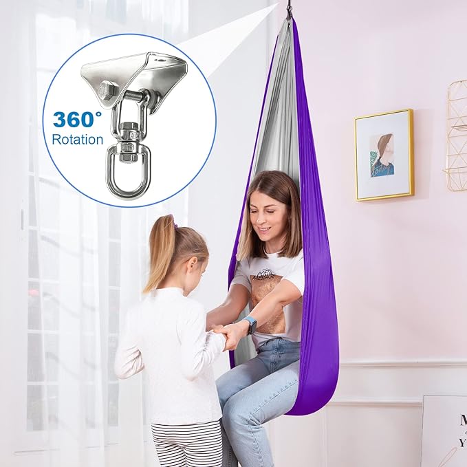 Therapy Swing Hammock Kids Cuddle Sensory Swing Indoor Therapeutic Hammock 360° Rotating Double Layer Elastic Rocking Cloth Swing Gifts for Children with ADHD SPD Asperger Autism (Purple+Grey)