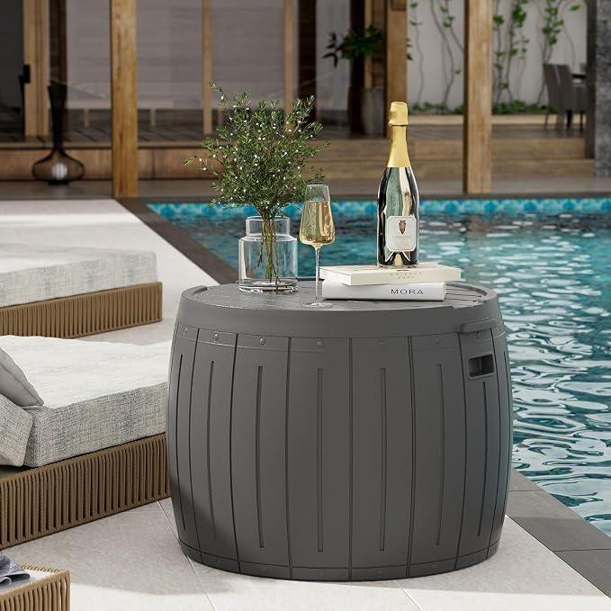 ZZM 33 Gallon Round Deck Box, Patio Side Table for Cushion, Picnic Bucket, Small Bench Seat, All-Weather & Portable, Gray