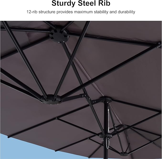 PURPLE LEAF 13ft Patio Market Umbrella with Base Double-Sided Rectangle Outdoor Table Sun Umbrellas with Crank 12 Heavy Duty Sturdy Ribs for Pool Beach Deck Backyard Gray
