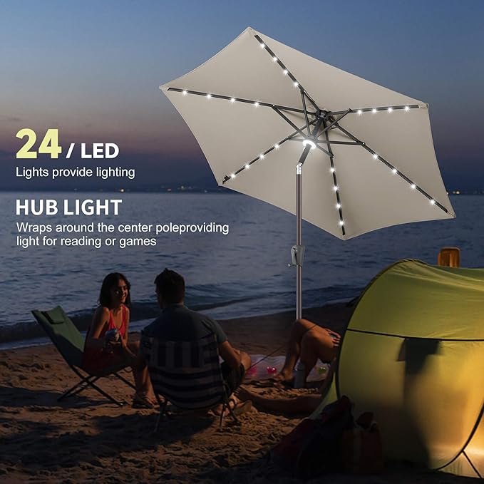 7.5FT Solar Umbrella Outdoor - Lighted Solar Patio Umbrella with 24 LED Lights Waterproof UV Protection, Table Umbrella with Tilt for Pool, Porch, Garden, Deck, Backyard (Taupe)