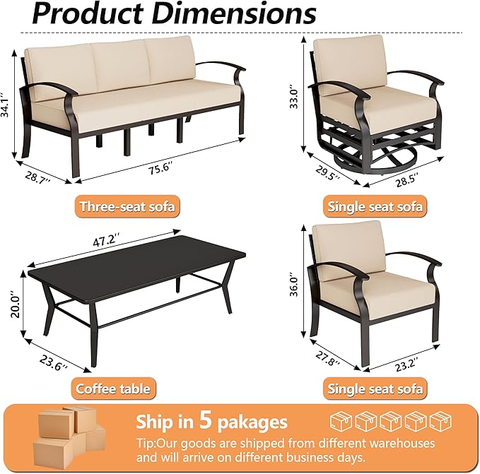 Aluminum Patio Furniture Set with Coffee Table,7 Seats Metal Modern Outdoor Furniture w/5.1" Thick Cushions, Sectional w/Swivel Chairs for Backyard,Sand