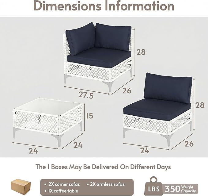 ENSTVER 5-Piece Outdoor Patio Furniture Set, Value Lightweight Boho Outdoor Sectional with Handwoven Wicker & Easy Assembly, Durable Outdoor Sofa for Small Patio, Balcony（Cushion Navy Blue）