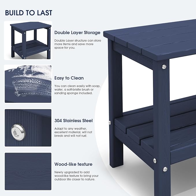 KINGYES Outdoor Side Table Set of 4, Double Layer Adirondack End Table- Navy