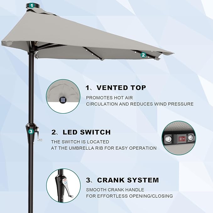 AreShark 9ft Patio Half Umbrellas with Solar Lights, 1/2 LED Half Outdoor Umbrella w/ 20 LED Lights, Lighted Table Wall Umbrella with Crank & 5 Sturdy Ribs for Market, Pool, Deck, Lawn and Garden, Foggy Gray