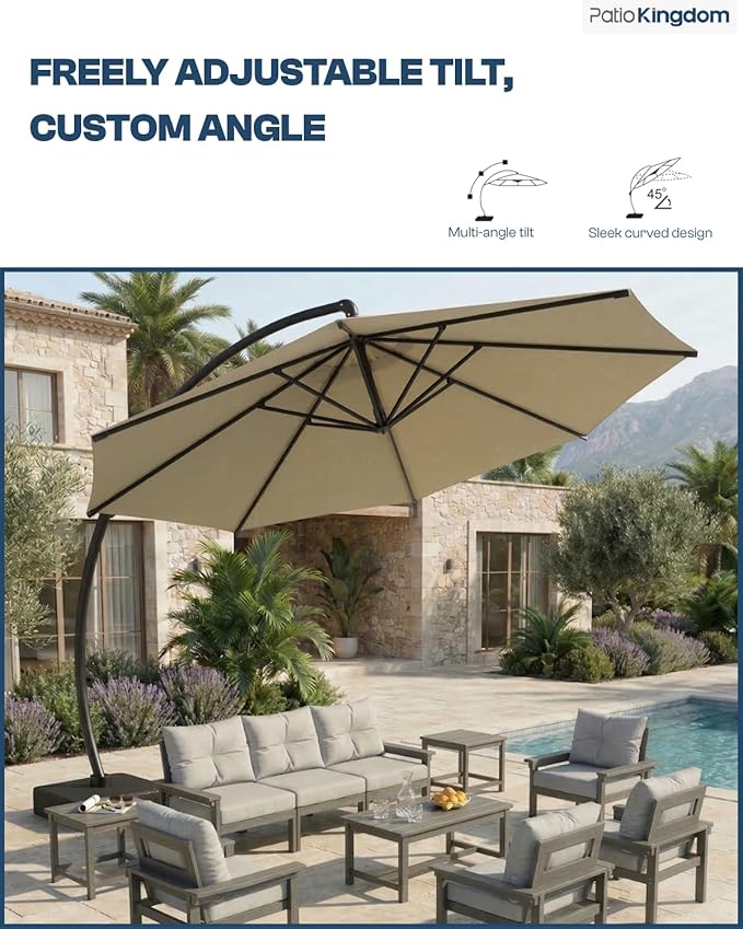 12 FT Cantilever Umbrella with Base Included, Large Round 360° Rotation Offset Umbrella Outdoor Patio, Heavy Duty Aluminum Frame, Sand-Weighted Stand, for Deck, Backyard, Pool, Garden (Beige)