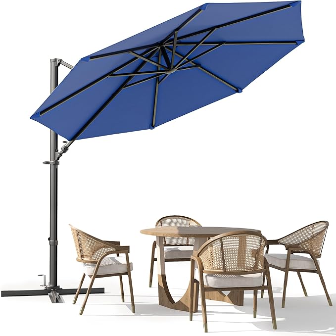 Greesum 10FT Outdoor Patio Umbrella with High Pedel and 4 Gear Heights, Large Offset Market Umbrella with 360-degree Rotation, Without Base, Hanging Outdoor Shade for Garden, Lawn, Pool, Deep Blue