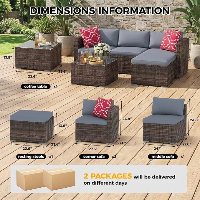 5 PCS Outdoor Sectional Sofa Set, Outdoor Patio Set Sectional Sofa, All-Weather PE Rattan Patio Furniture with Ottoman & Tempered Glass Table for Garden, Backyard, Porch, Poolside (Brown/Gray)