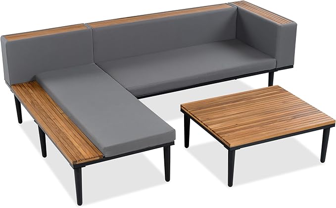 Luxury Outdoor Patio Furniture Set, L-Shaped Acacia Wood Sectional Sofa with Side Table, All-Weather Conversation Set with Removable Cushions and Coffee Table for Backyard Porch (Gray-4.20)