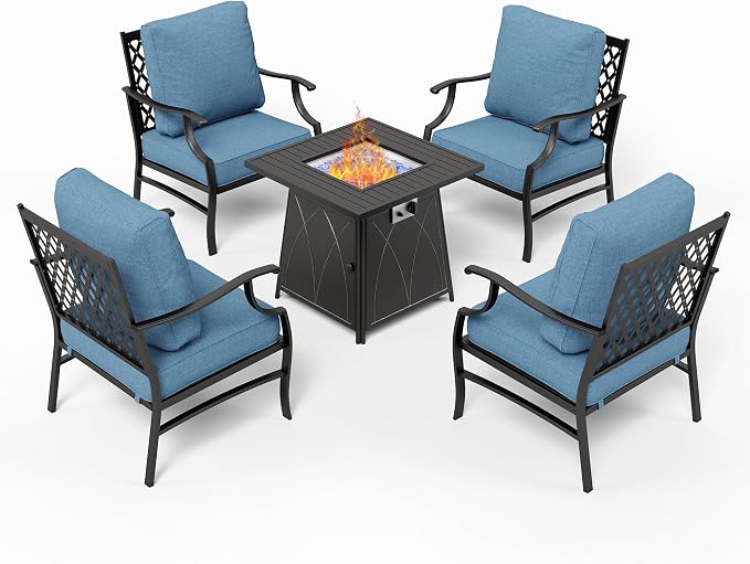 MIXPATIO Patio Furniture Set with Fire Pit Table, 5 Pcs Metal Outdoor Conversation Set, 4 Single Chairs with 5.75" Extra Thick Cushion and 28" Fire Pit Table for Backyard Deck, Navy Blue