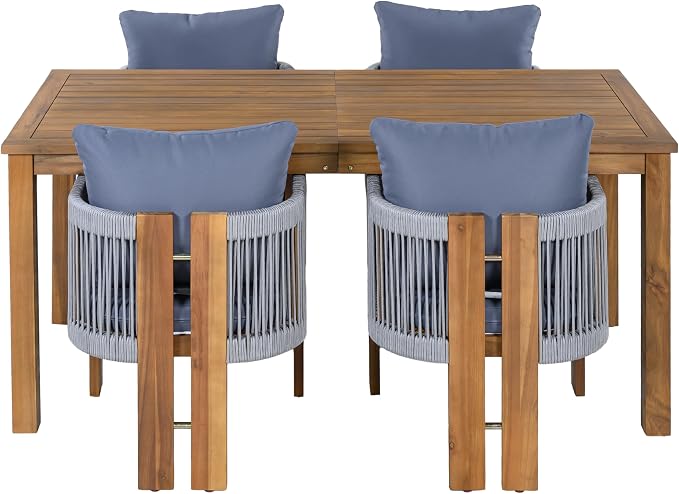 VilroCaz Luxury 5-Piece Patio Dining Set for 4, Acacia Wood Dinning Set with 4 Rope Woven Chairs and Cushions, All-Weather Outdoor Conversation Set for Garden Backyard Balcony (Brown+Gray)