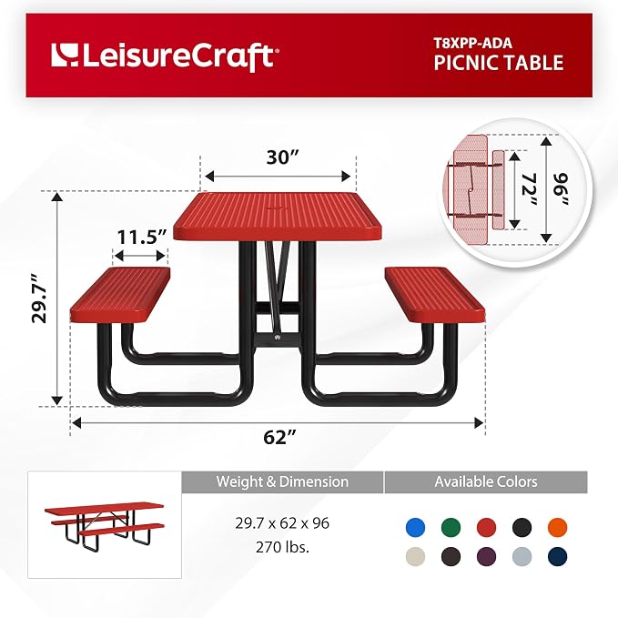 Leisure Craft Metal Picnic Table with Bench - 8 ft Rectangle Outdoor Dining Table with Umbrella Hole, Heavy Duty Thermoplastic Coating, ADA Compliant, Commercial Grade Furniture Made in USA - Red