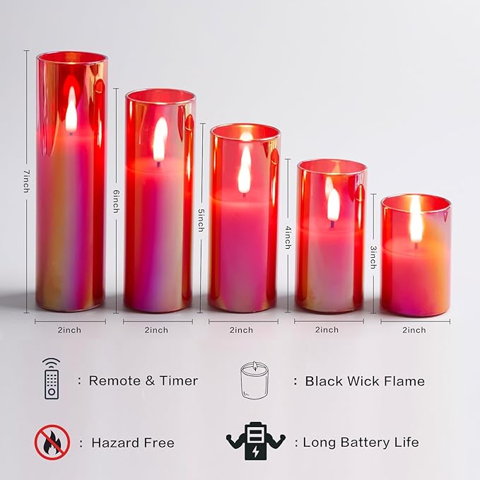 Eywamage Red Glass Flameless Candles with Remote Batteries, Flickering Slim Tall LED Pillar Candles Set of 5