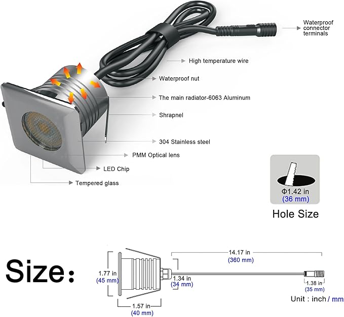 LED In-Ground Well Lights Square,3W, DC12V-24V Waterproof IP67,Aluminum&Stainless Steel,Buried Underground Outdoor Landscape Lightings,Warm White 3000K