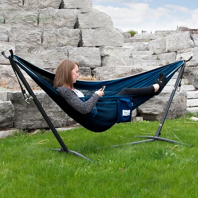 Vivere C9MESH-42 Hammock with Stand, Navy and Turquoise