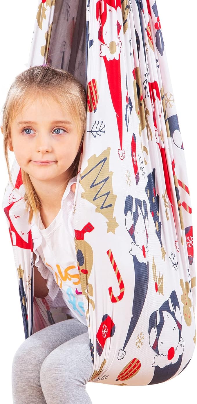 Therapy Swing Hammock Kids Cuddle Sensory Swing Indoor Therapeutic Hammock 360° Rotating Double Layer Elastic Rocking Cloth Swing Gifts for Children with ADHD SPD Asperger Autism (Christmas)