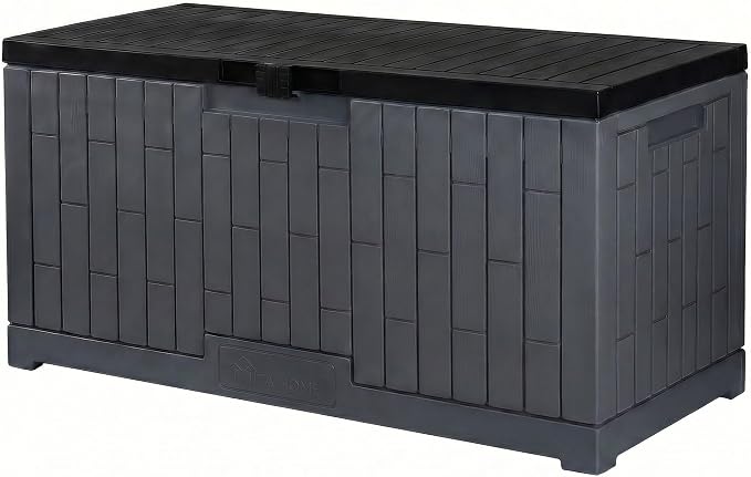 YITAHOME Large Deck Box 120 Gallon Resin Outdoor Storage Box with Slide-Locking Lid, Patio Storage Bin Bench Seat for Outdoor Pillows, Garden Tools and Pool Supplies, Waterproof Lockable, Dark Gray