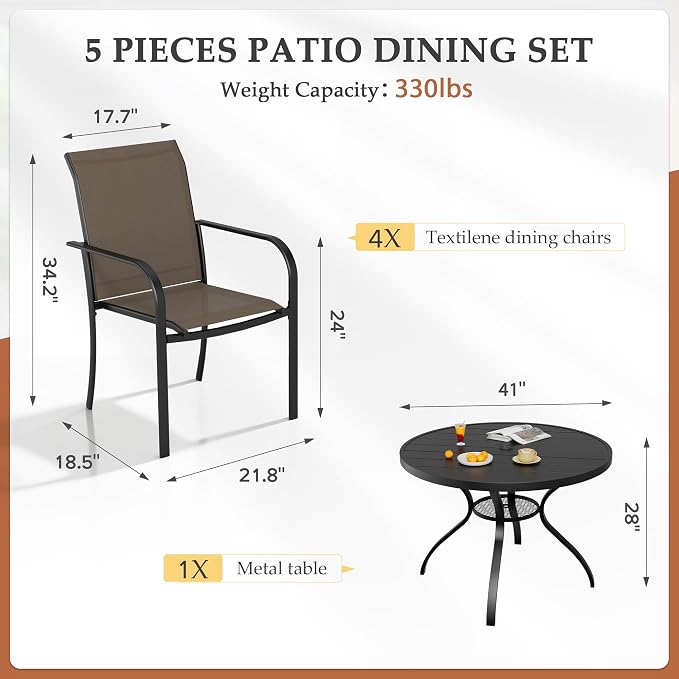 5-Piece Patio Dining Set,4 Person Outdoor Table and Chairs Set, 4 Metal Dining Chairs and Round Outdoor Table with 1.57" Umbrella Hole,Khaki