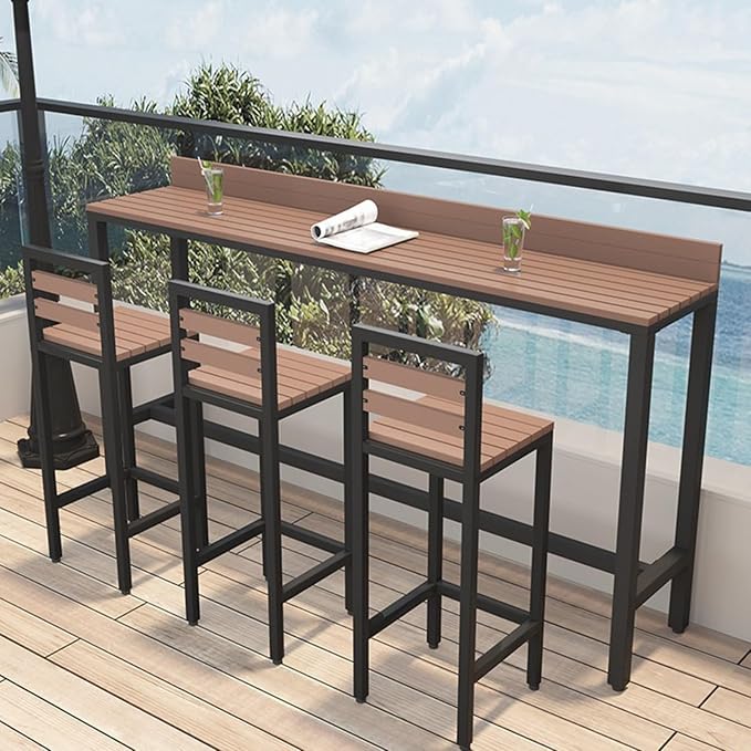 Outdoor Bar Table, Patio Pub Height Table with Anti-Fall Baffle, All-Weather Bar Height Counter Table, Narrow Dining Table for Hot Tub, Garden & Backyard(Color:Black+Wood,Size:L-78.7in)