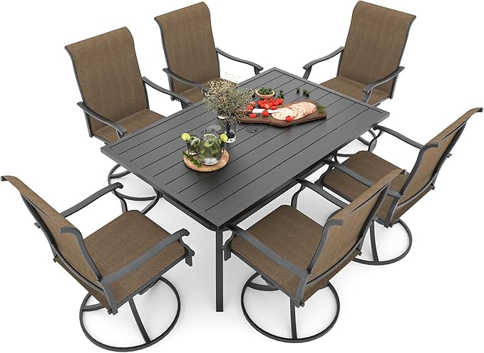 Anmutig 7-Piece Outdoor Dining Set, 6 Swivel Patio Chairs & 60'' Rectangular Dining Table with All Weather Frame Furniture Set - Brown Style1