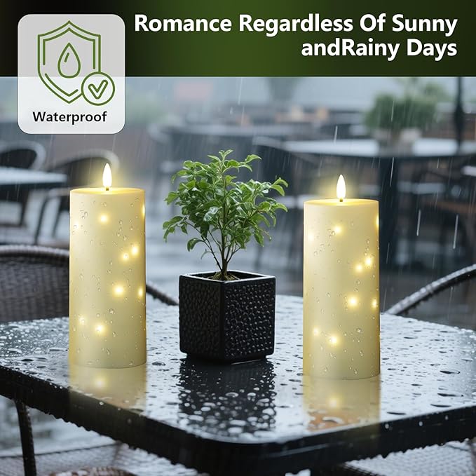 kakoya 10" x 4" Large Outdoor Waterproof Flickering Flameless Candles with Timer,4Pcs Battery Operated LED Pillar Candles with Embedded Star String for Outdoor Lanterns,Porch,Patio Decor(Ivory)