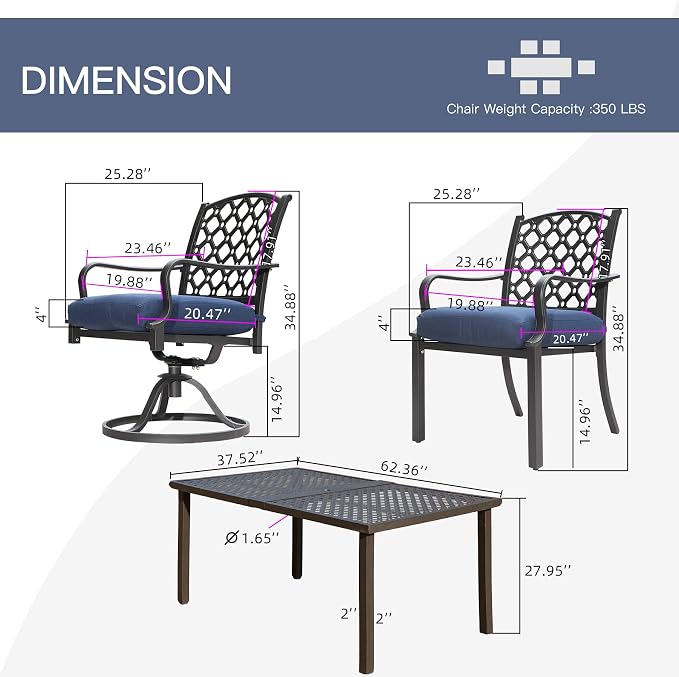 Domi Outdoor 7 pcs Patio Dining Set, Metal Dining Table, Swivel and Dining Chairs Conversation Set with Removable Navy Blue Cushions for Garden Lawn Yard