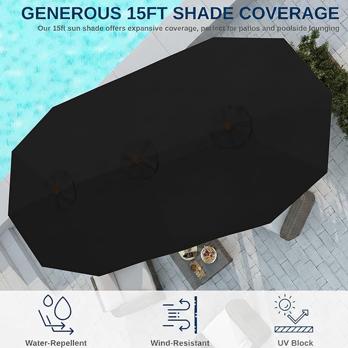 15FT Large Patio Umbrella with Base, Double Sided Rectangular Outdoor Umbrella with Sturdy Fiberglass Ribs, UPF 50+ Sun Protection, Wind-Resistant, Waterproof Fade-Resistant Fabric for Pool, Garden, Backyard, Deck(Black)