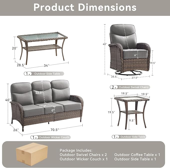 Luxury Outdoor Patio Furniture Set with 6-Inch Thick Cushions, 5 Pieces Wicker Outdoor Furniture with High Back Swivel Patio Chairs Set of 2, Outdoor Conversation Set for Deck Garden Porch, Gray