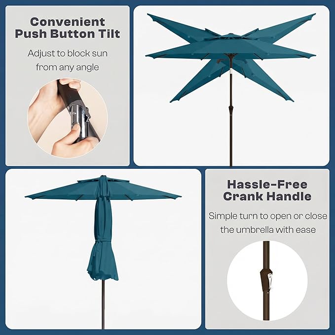 Outdoor Patio Umbrella, 2 Tiers Market Table Umbrella with 8 Sturdy Ribs, Push Button Tilt and Crank, UPF50+ UV Protection for Deck, Pool, Garden and Backyard