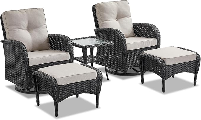 Belord 5 Pieces Wicker Patio Furniture Set - Swivel Rocker Outdoor Chairs with Ottomans and Side Table, Small Patio Conversation Set for Deck Porch Backyard Black