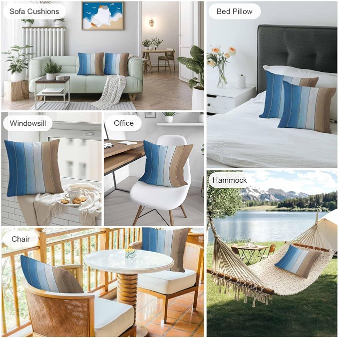 Throw Pillow Covers 16x16 Inch Set of 2, Blue Brown Waterproof Outdoor Cushion Covers, Gradient Wood Grain Farmhouse Country Decorative Pillowcases for Couch, Sofa, Bed, Garden, Patio