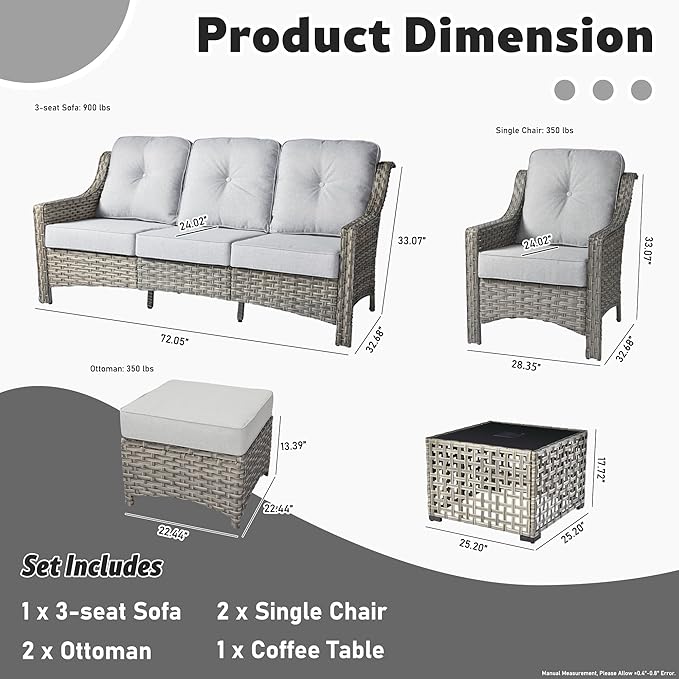 ovios 6 Piece Outdoor Patio Furniture with 3 Seat Sofa,Rattan Wicker Coversation Set with High Back,Sectional Single Sofa with Ottoman for Outside Porch Balcony Backyard Pool, Light Grey
